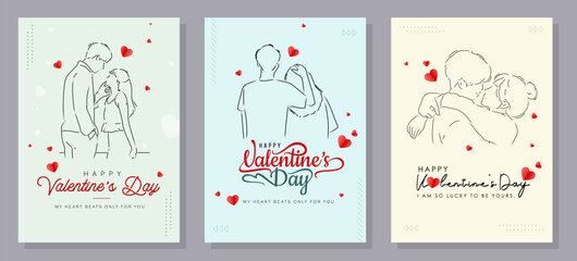 Valentine's Day concept set. Love word lettering, calligraphy hand drawn heart. Valentine's Day background. Card, poster, cover set. Modern design trendy minimal typography. Line drawing.
