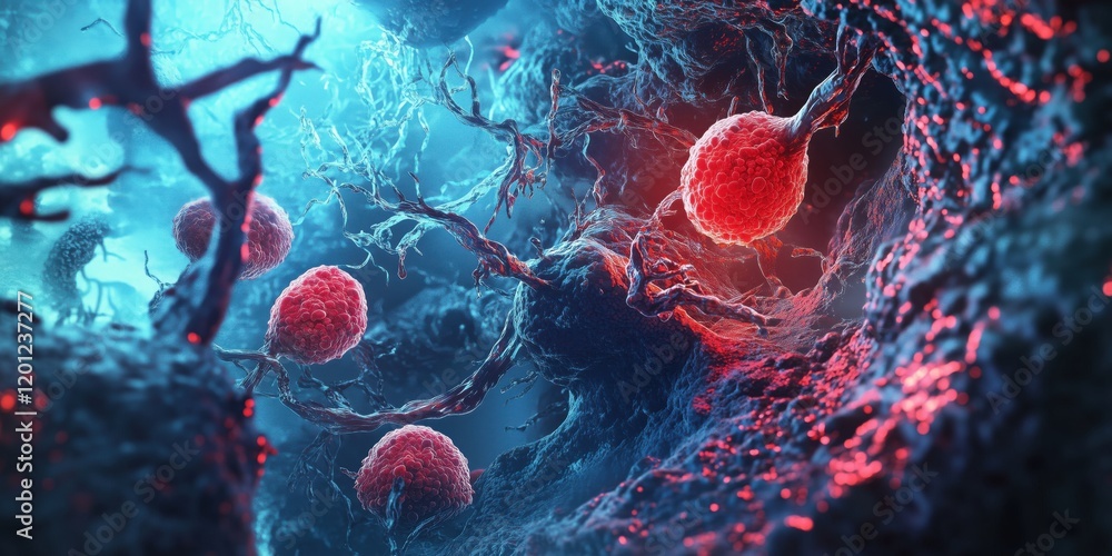 Poster microscopic view of vibrant cellular structures showcasing red and blue cells intertwined with organ