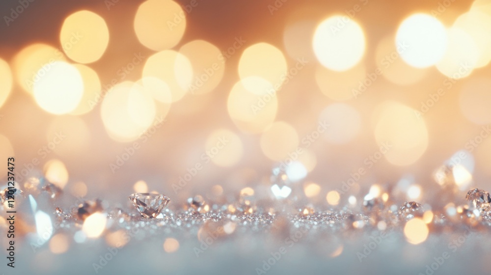 Poster close-up view of scattered shiny diamonds reflects warm golden light, creating a luxurious and elega
