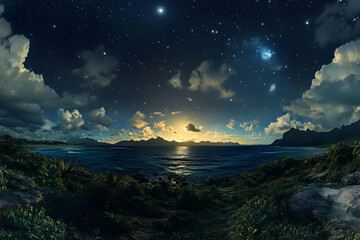 Panoramic view of a serene coastline under a starry night sky
