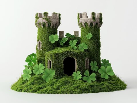 A whimsical moss-covered castle adorned with clovers.