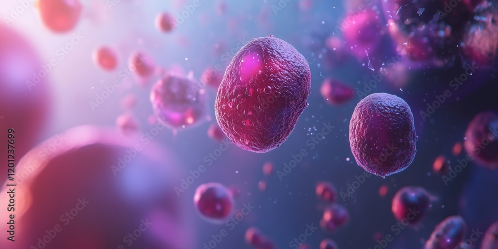 Poster microscopic view of vibrant cells showcasing intricate details and textures in a colorful environmen