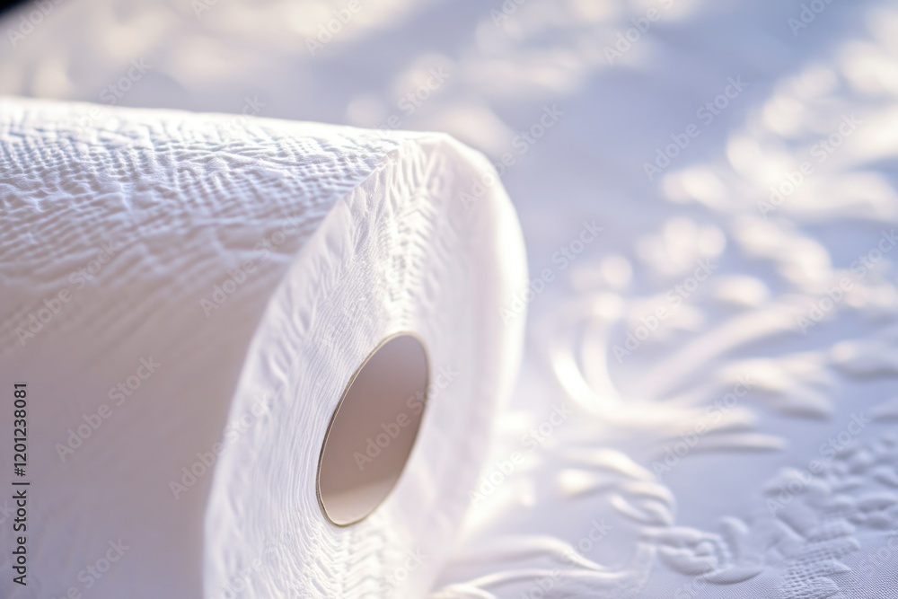 Poster a single roll of toilet paper sitting on a table, ready for use
