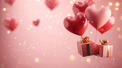 Valentines day theme heart balloon with gifts, isolated on pink background.
