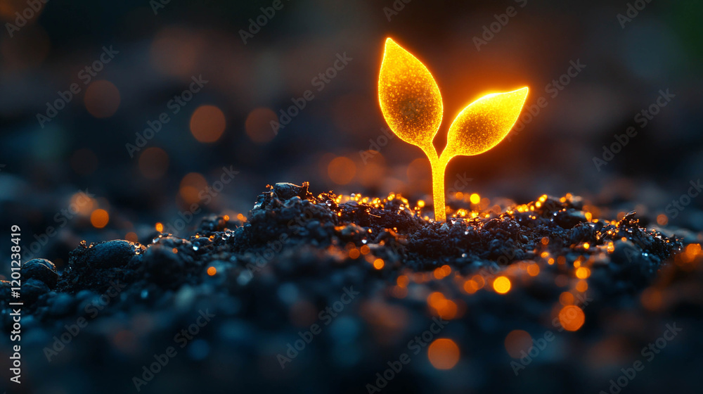 Aufkleber a macro shot of a young sprout emerging from dark soil. the sprout is illuminated from the inside wi