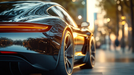 The back of a black sports car parked on the street outside the building. Charging stations for electric vehicles are visible.