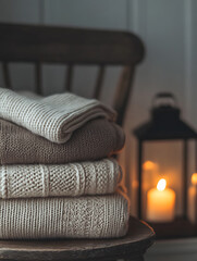 A pile of sweaters is placed on a wooden chair