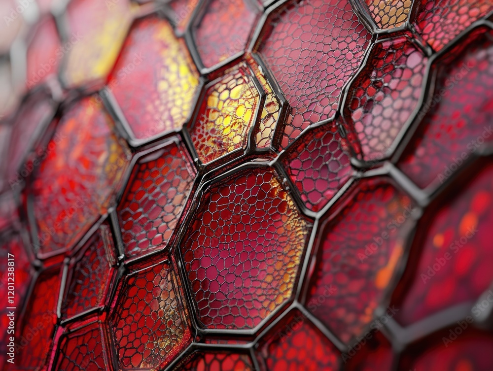 Poster high fidelity imagery of hexagonal textures on red vivid abstract art close-up visuals