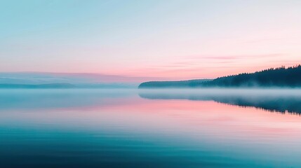 Fototapeta premium Misty watercolor concept. Serene landscape view of a tranquil lake at sunrise with soft pastel colors.