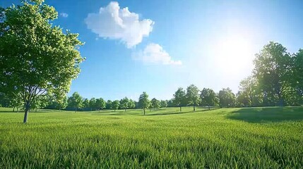 Obraz premium Lush green landscape under a bright blue sky with trees.