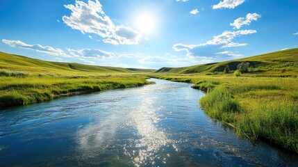 Fototapeta premium Flat river, view from a copter, summer landscape