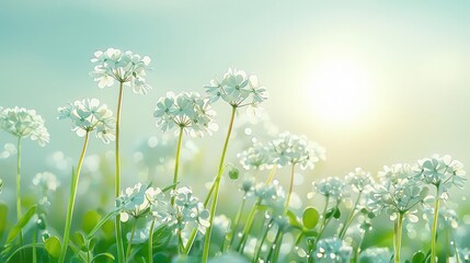 Fototapeta premium Delicate white flowers swaying gently in the sunlight with a soft, dreamy background.