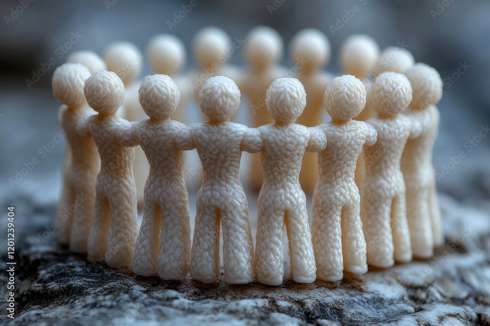 Poster a group of small white figurines hold hands in a united formation, suitable for use as a symbol or r