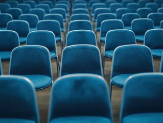 Naklejka premium Rows of Empty Blue Chairs Awaiting an Event or Presentation, Showing a sense of order