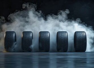 Four new tires in a row on a dark background with smoke, leaving space for text. --ar 125:91 --quality 2 --style raw --v 6.1 Job ID: 1f847c73-e30d-4b70-bc00-f4200b7536de