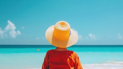 Young girl stands on the beach, wearing a sun hat, while proudly displaying an American flag with bright blue ocean in the background