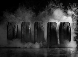 Four new tires in a row on a dark background with smoke. --ar 125:91 --quality 2 --style raw --v 6.1 Job ID: 0516c751-6875-4d01-868e-6d89f9ca2ba8