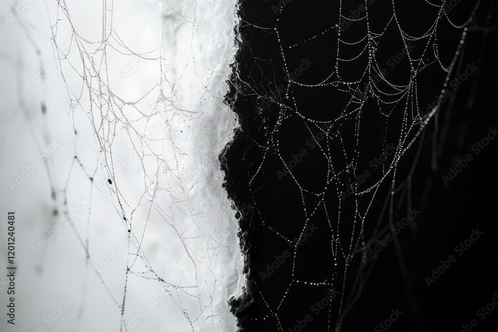 Poster a close-up view of a spider web in monochrome tones