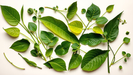 Naklejka premium Diverse Green Plant Leaves with Unique Shapes, Sizes, and Textures