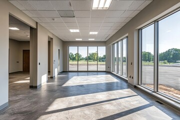 Beautiful, empty interior of a new office building under construction. This space concept features a concrete floor and ceiling with windows open spaces