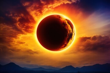 Obraz premium Fiery Celestial Eclipse Over Majestic Mountains