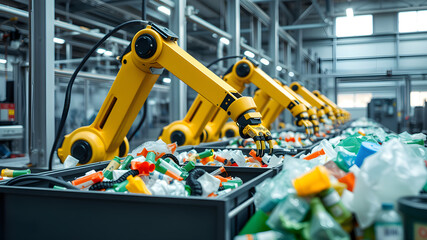Naklejka premium A futuristic recycling facility with robotic arms sorting and organizing plastic waste into bins