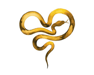 heart-shaped watercolor Golden Snake Pattern, 2025 Year of the Snake Decoration, 12 Zodiac Signs of the Snake, Chinese Year of the Snake, New Year, Lunar New Year