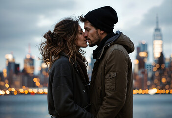 Cityscape Romance: A young couple embraces passionately against a backdrop of the glittering New York City skyline, captured in a moment of pure romantic bliss.