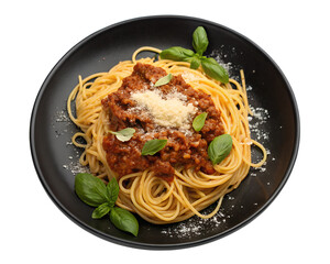 Top View of Black Plate with Spaghetti Bolognese, Italian Cuisine, Pasta Dish, Delicious Meal