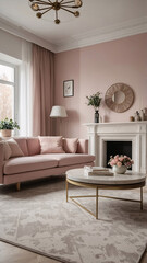 Peaceful Scandinavian Living Room with Soft Pastel Pink Sofa Fluffy Couch and Sleek Minimalist Furniture Interior Design Inspiration