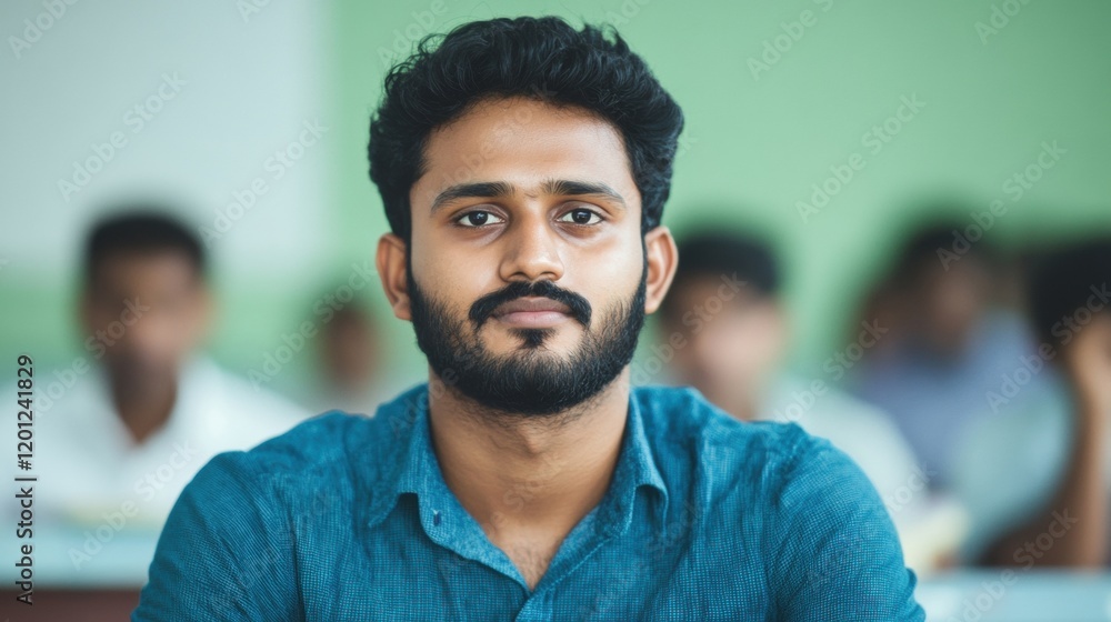 Poster student appears attentive and focused while studying in a classroom, surrounded by peers in a learni