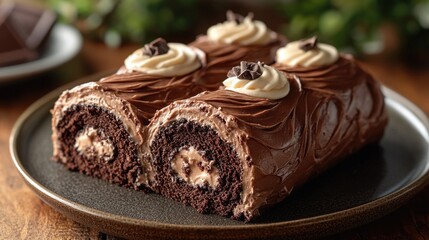 A delicious slice of chocolate cake sitting on a plate, perfect for dessert or a special treat