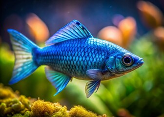 Macro Photography: Tiny Blue Fish Close-Up, Vivid Colors, Aquatic Life Detail