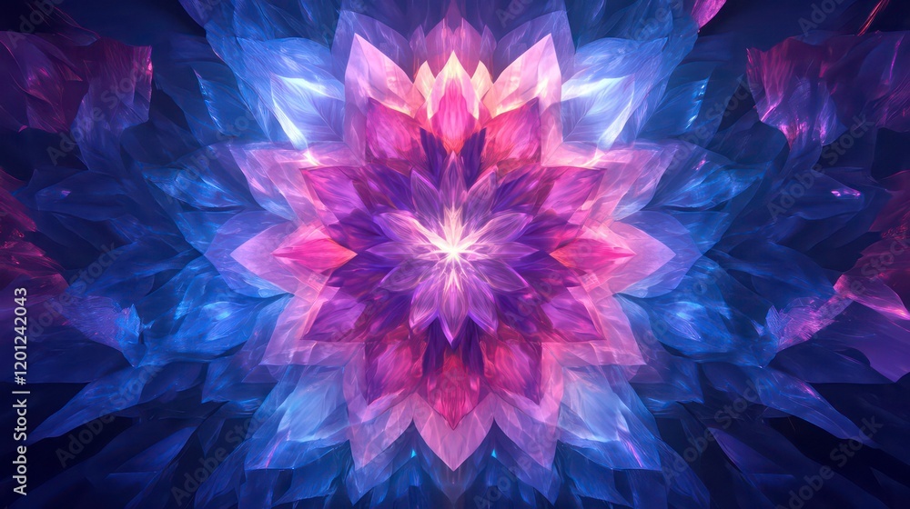Poster abstract fractal art of a luminous, multicolored flower with sharp, crystalline petals.