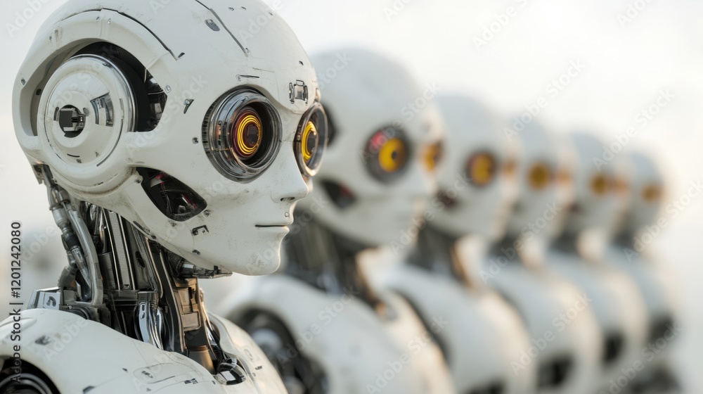 Poster a formation of advanced humanoid robots stands in an orderly line, highlighting intricate designs an