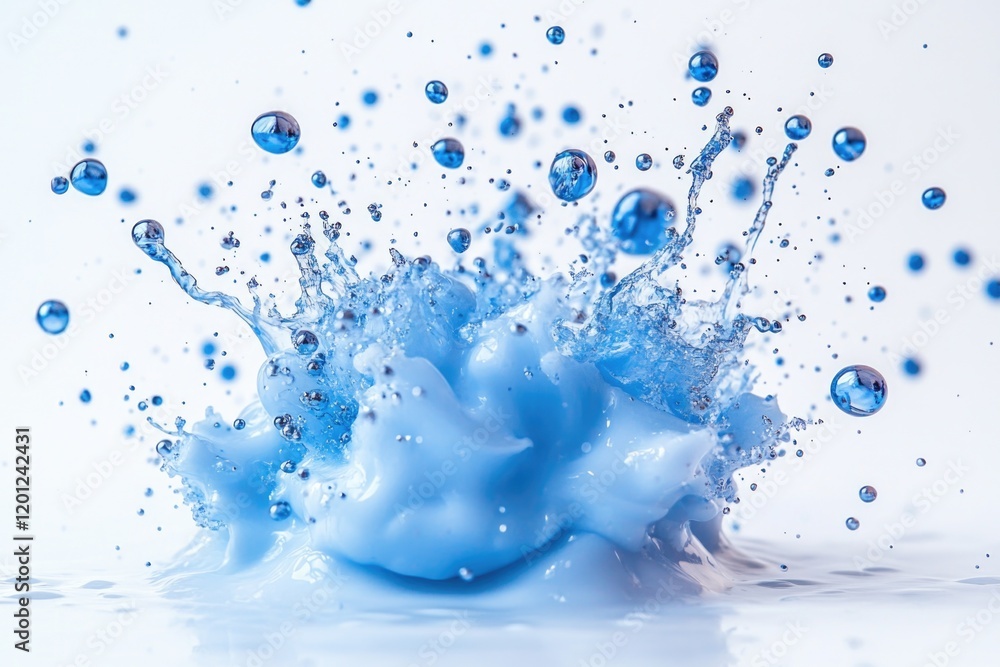 Poster a splash of water with blue bubbles emerging from the surface, suitable for use in illustrations abo