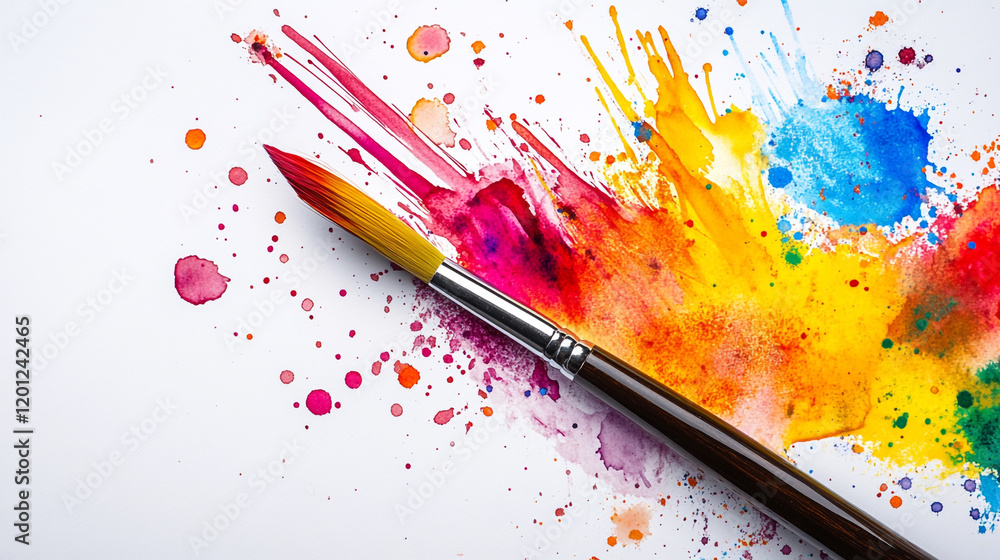 Poster colorful splashes of paint with a brush on white canvas creating vibrant artistic expression
