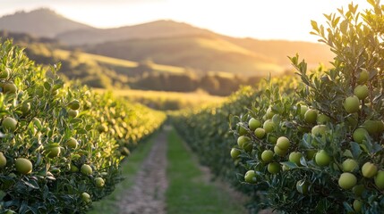 Naklejka premium Rows of Green Fruits on trees in a farm at sunset with golden sunlight
