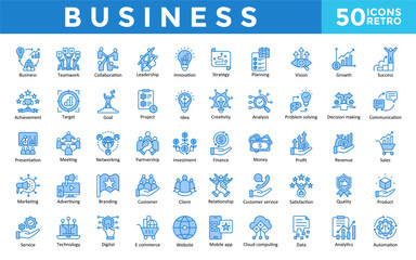 Business icon set with teamwork, collaboration, leadership, innovation, strategy, planning, vision, growth, success icon. Simple retro vector 
