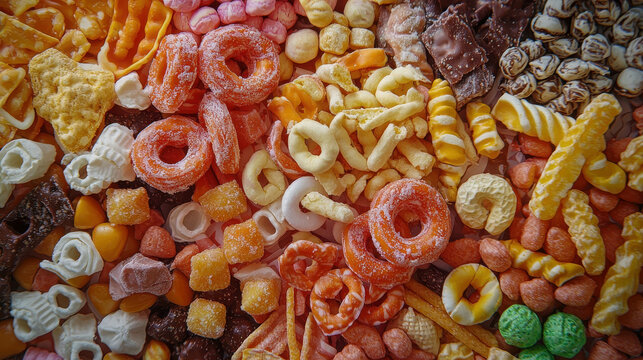 Colorful assortment of various snacks and candies arranged in an attractive flat lay display