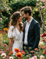 Romantic Couple in a Flower Garden: A lovingly embraced couple stands amidst a vibrant riot of colorful flowers, their eyes locked in a tender moment of affection.  The image radiates warmth.