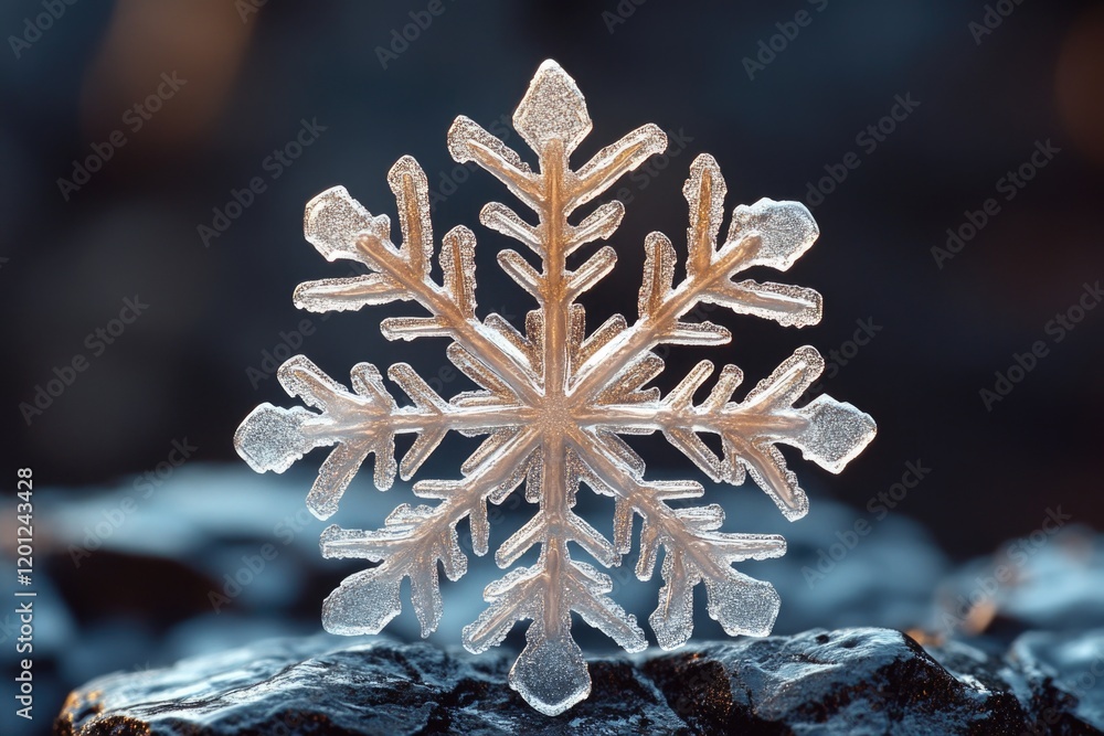 Poster A detailed view of a delicate snowflake resting on a rocky surface, highlighting its intricate patterns and beauty
