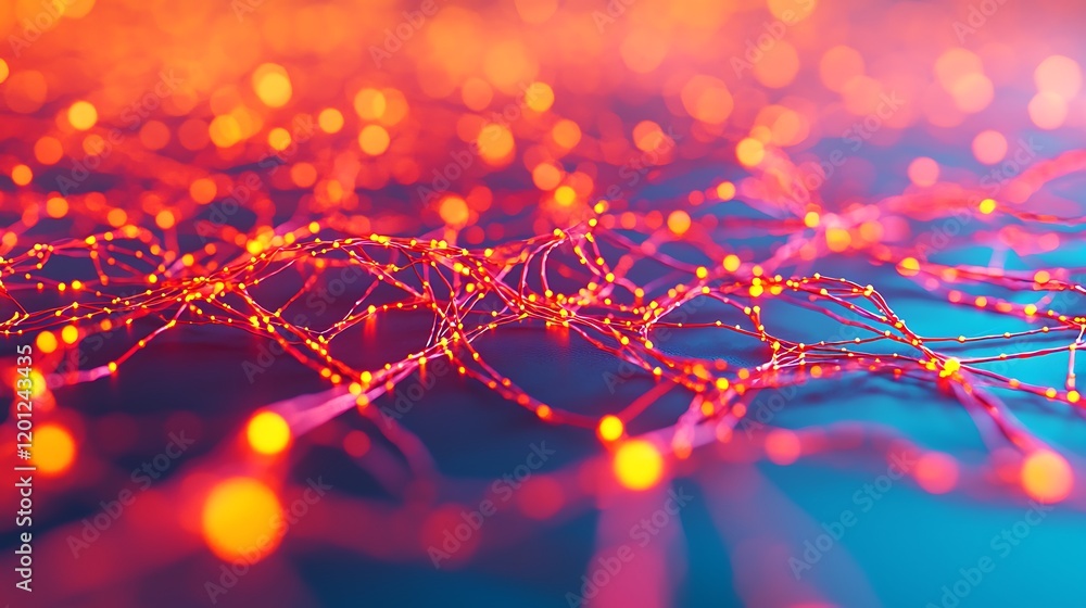 Poster a vibrant, abstract depiction of interconnected nodes and lines, illuminated with glowing points, re