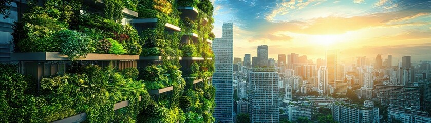 Fototapeta premium A vibrant green vertical garden contrasts with a city skyline at sunrise, showcasing sustainable architecture and urban living.