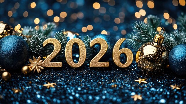 Golden 2026 amidst festive blue and gold holiday decorations. Happy New Year 2026