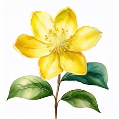 Vibrant Yellow Flower Blossom with Lush Green Leaves Watercolor Botanical Illustration