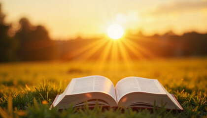 World Book Day Background Copy space Open book on grass field with sunrise background