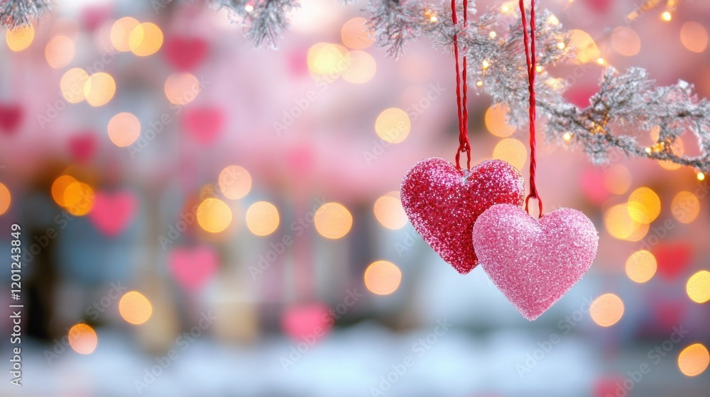 Poster delicate pink and red hearts dangle from a tree branch amidst soft bokeh lights, creating a romantic