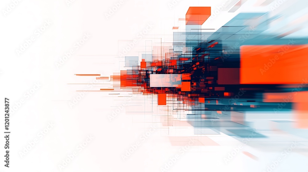 Poster a dynamic digital abstract composition featuring vibrant red and blue geometric shapes on a bright b