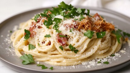 Plate of spaghetti carbonara topped crispy pancetta grated Parmesan and fresh parsley